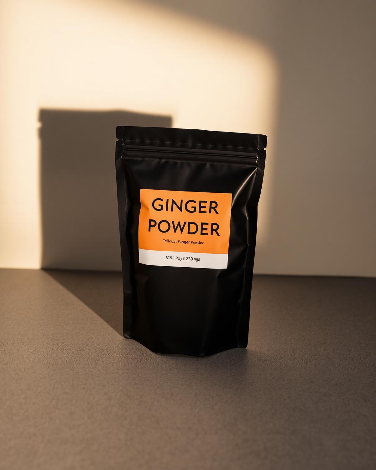Gingerdam pouch of ginger shot powder standing on concrete in hard light